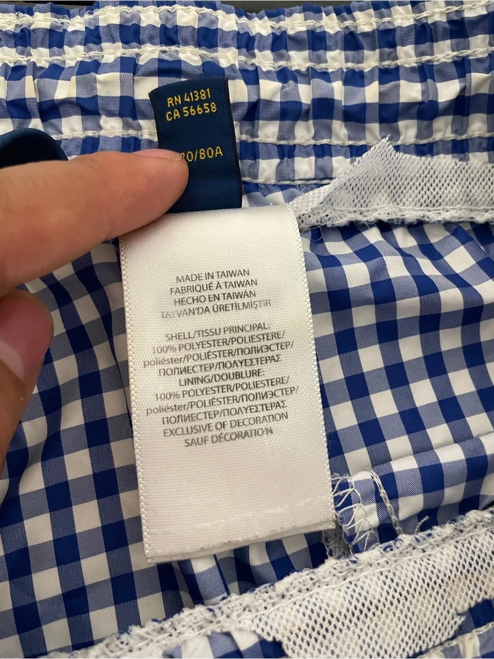 Polo Ralph Lauren Men's Blue and White Gingham Swim Trunks with Yellow Logo